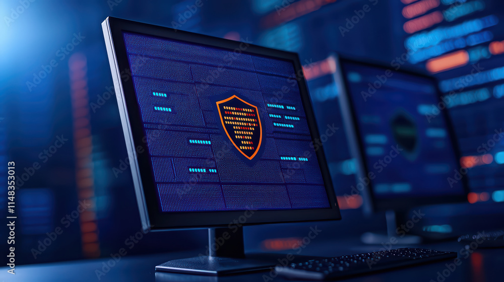 Poster close up of cyber defense system screen displaying security data and alerts. vibrant colors and intr