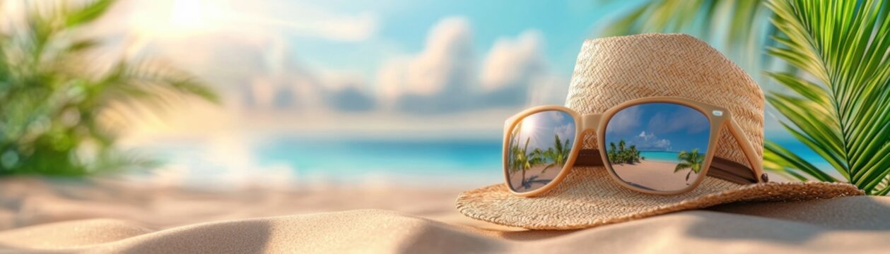Dreaming of a tropical escape This vibrant summer scene features a traveler's hat and sunglasses on a sandy beach, with azure waters reflecting sunlight It's the perfect image for your next vacation