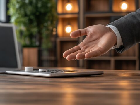 Elevate Workplace Hygiene A businessman sanitizing his hands at a minimalist desk, demonstrating essential practices for office safety and health Showcase clean and safe office environments This