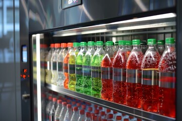 Colorful carbonated drinks waiting in modern vending machine
