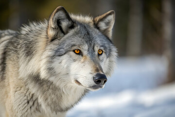 Fototapeta premium Portrait of a grey wolf with amber eyes in winter forest.