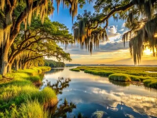St. Augustine River Shoreline: Vintage Live Oak & Seagrass Photography