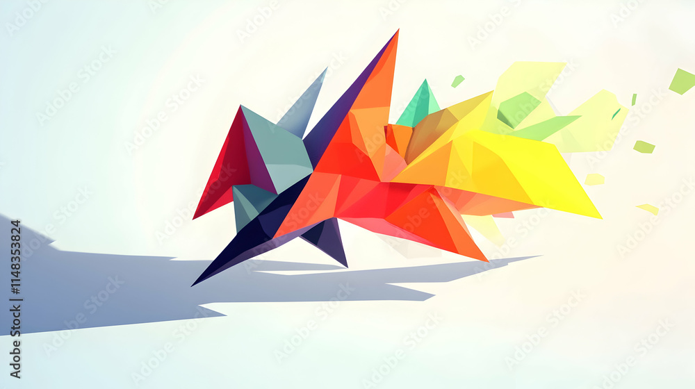 Poster abstract colorful polygonal shapes exploding, white background, design element.