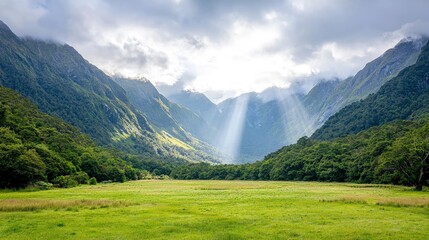 Obraz premium Sunbeams illuminate a lush green valley nestled between majestic mountains under a cloudy sky.