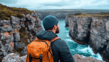 Experience majestic coastal landscapes with a summer traveler gazing at dramatic cliffs Turquoise waves crash below, embodying an epic nature and adventure concept Discover breathtaking vistas