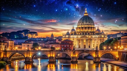 Fototapeta premium St. Peter's Basilica Rome Night Long Exposure Photography, Vatican City Panorama, Starry Sky, Dome, Basilica Lights, Cityscape