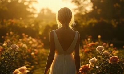 Contemplative Woman Admiring Rose Garden Scenic Location Photography Serene Environment Rear View Beauty in Nature For Valentine