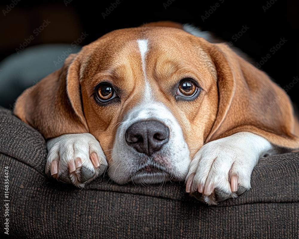 Aufkleber experience the intimate expression of a beagle with a close-up view of its sad eyes facing the camer