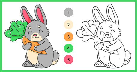 Color by numbers coloring book for kids with cute rabbit with carrot. Coloring page with cartoon bunny with an example for coloring. Black and white and color versions. Vector illustration.