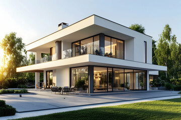 Modern Two-Story Home With Glass Facade Surrounded by Greenery During Sunset