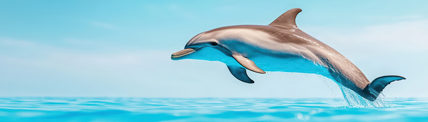 Fototapeta premium dolphin gracefully leaps above turquoise water, showcasing its agility and beauty in serene ocean environment