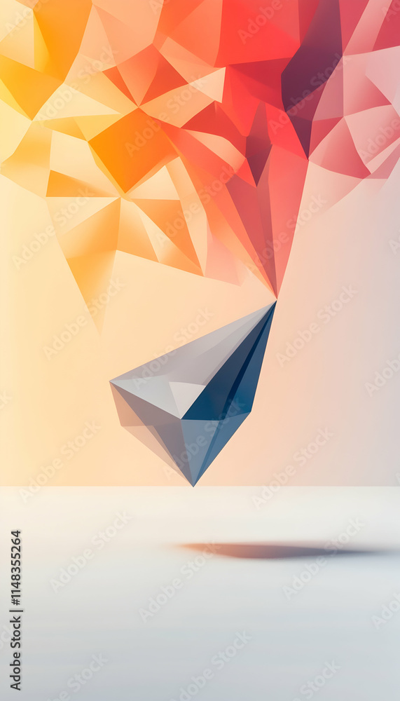 Poster abstract low-poly colorful shapes falling on minimalist background; design element.