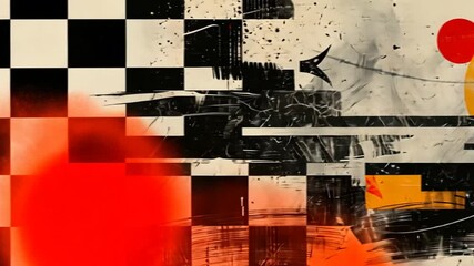 A lively composition showcasing geometric patterns and bold colors such as red, yellow, and black. The artwork creates a sense of movement with its chaotic arrangement and contrasting elements