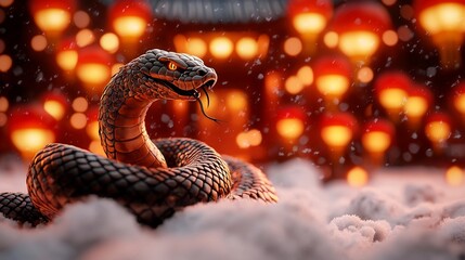 Fototapeta premium Elegant and Stylized Golden Snake With Jade Accents Resting in a Snowy Temple Courtyard Illuminated by Warm Chinese Lanterns During a Winter Festivity