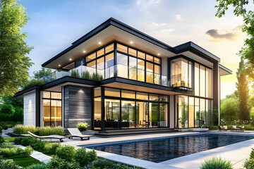 Fototapeta premium Modern Two-Story Home With Glass Facade Surrounded by Greenery During Sunset