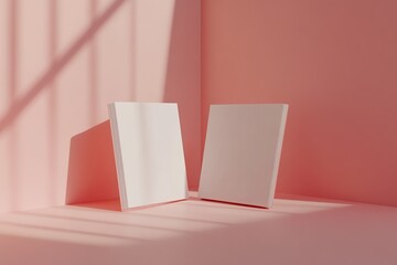 Blank Book Mockup: Two White Books Resting on a Pink Surface, Bathed in Sunlight