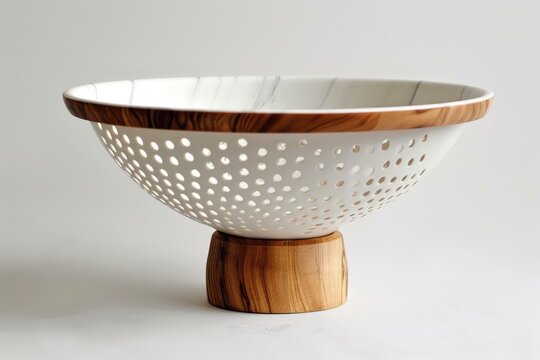 Modern colander with wooden base and marble pattern rim on white background - Powered by Adobe