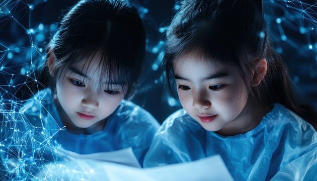 Explore scientific collaboration in a futuristic digital environment two scientists co-authoring groundbreaking papers, showcasing connection and efficiency for global research breakthroughs See