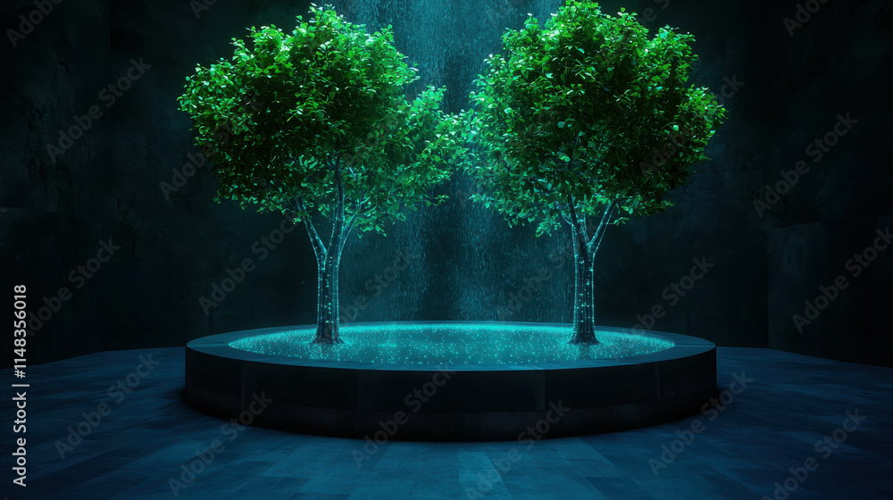 Poster mysterious floating garden with trees surrounded by enigmatic atmosphere