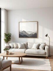 minimalist tv lounge with cozy light gray sofa, geometric art poster frame, neutral tones and clean lines, modern interior design, contemporary living room