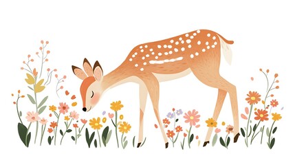 Fawn sniffing flowers.