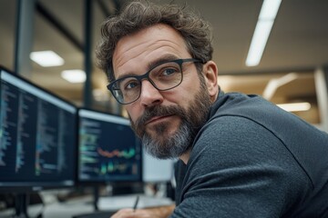 Exploring Strategic Analysis and Innovation A Focused Man Capturing Ideas in a Notebook Amidst Multiple Monitors This Tech-Inspired Setting is Perfect for Visualizing Innovation and High-Level