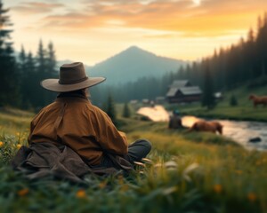 Immerse yourself in an ethereal meadow where wild horses roam freely, a traveler finds solace nearby, summer's golden hues paint a pastoral and dreamy scene discover the tranquility within this