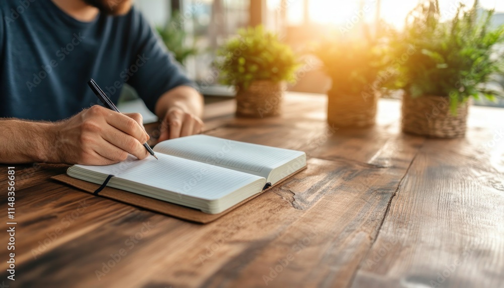 Aufkleber man writing notes in a notebook on a rustic desk bathed in golden sunlight, crafting strategy with f