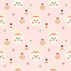 Chef bear cartoon so cute. On roll cake cupcake strawberry background. Pattern seamless vector illustration. 