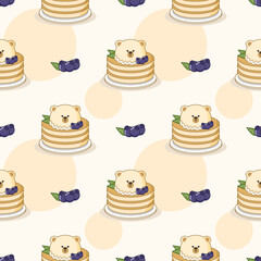 Pancake blueberry bear face cartoon so cute. On blueberry circle background. Pattern seamless vector illustration. 
