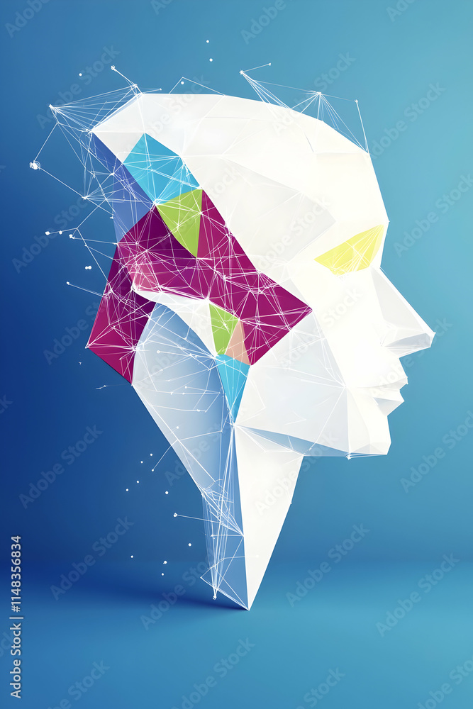 Poster abstract polygonal face on blue background with network. possible use tech, design, or science visua