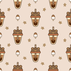 Bubble milk tea bear glass cartoon so cute. On ice cream star background. Pattern seamless vector illustration. 