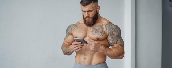 This image captures a muscular athlete using a digital device, likely checking his body fat percentage This image blends wellness and technology It is set against a simple, studio style background