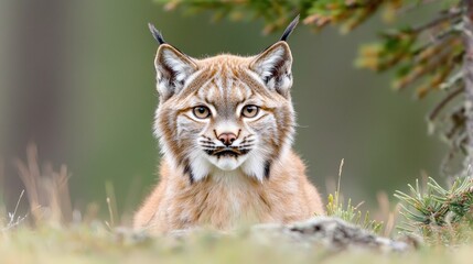 Obraz premium A close-up portrait of a young Eurasian lynx looking directly at the camera in a soft-focus forest setting.