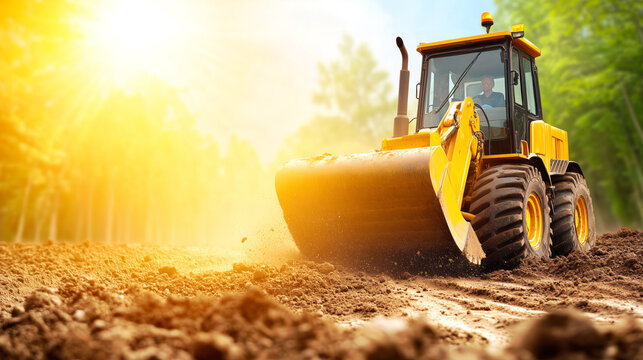 Construction site activity with a bulldozer in sunlight