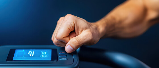gym goer checking digital screen with determination and focus