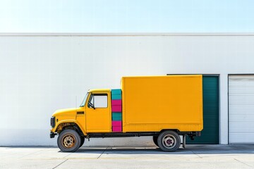 A vibrant yellow delivery truck parked next to a white building with colorful accents.