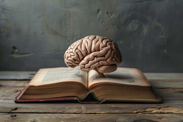 Human brain resting on open book symbolizing knowledge and learning