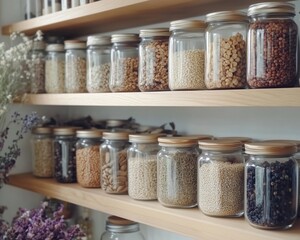 Organized Pantry with Glass Jars of Grains and Legumes in a Pastel Shelf Setting 