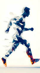 Abstract runner, geometric style, white background, motion blur, fitness design.