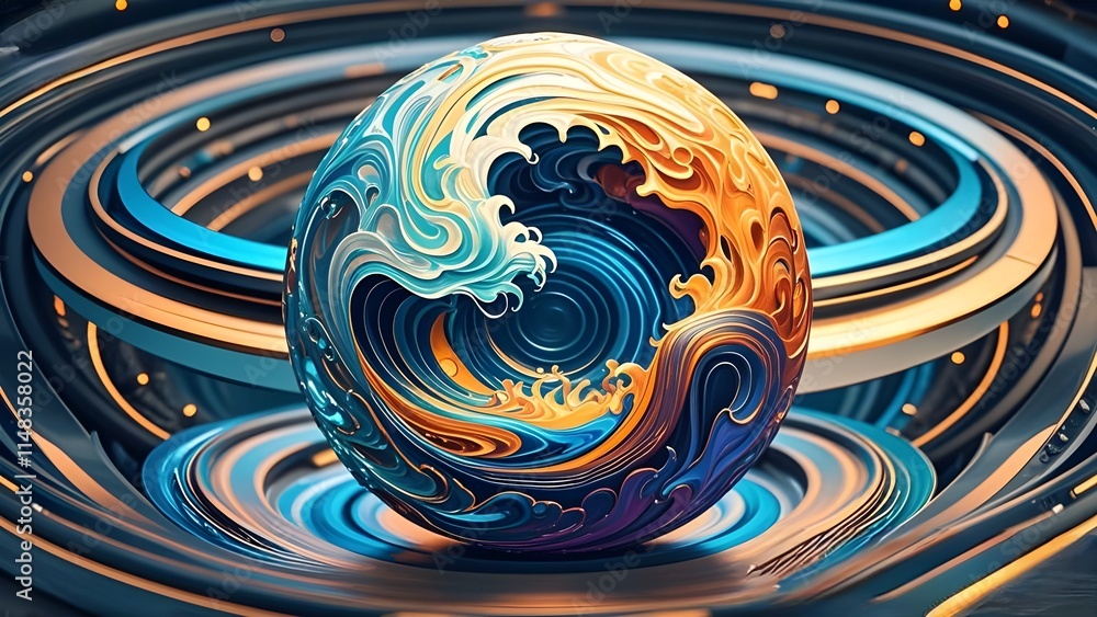 Poster abstract blue fractal swirl with circles and a textured, vortex-like pattern in a dynamic 3d design