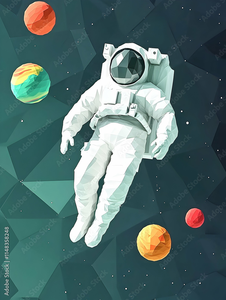 Poster astronaut floating space low-poly planets background; science, design.