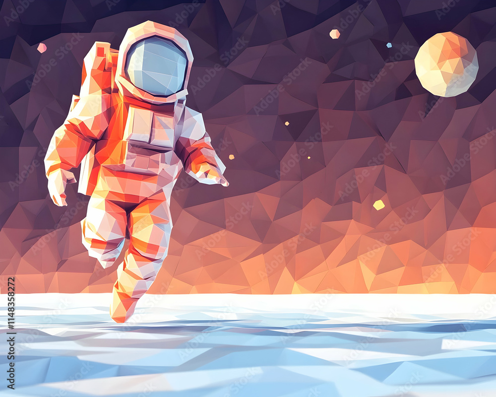 Poster astronaut floating space low-poly planet exploration.