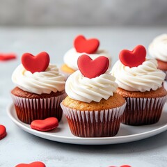 Valentine sweet bonding. Delicious cupcakes with heart-shaped decorations.
