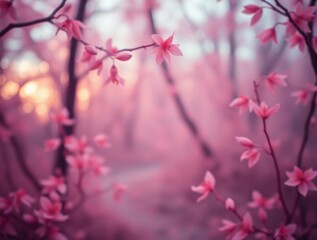 Naklejka premium Pink Dawn in the Enchanted Forest: A delicate symphony of pink blossoms in a dreamy and ethereal forest, bathed in the soft glow of a sunrise.