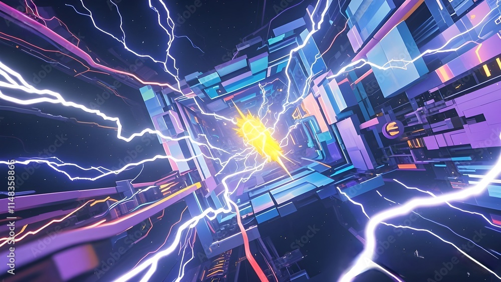 Poster digital light streams through an abstract blue network of fiber optic lines, creating a technologica