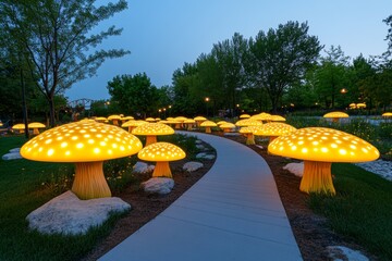 A fairy-tale garden with glowing lanterns, a small bridge over a stream, and whimsical mushroom-shaped ornaments