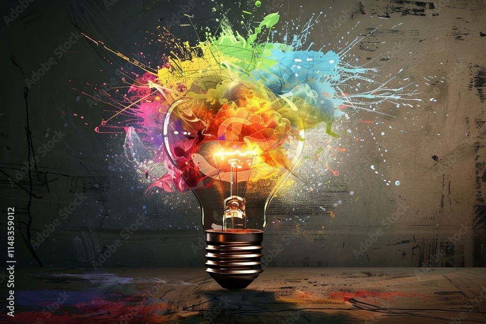 Poster light bulb exploding with colorful paint splash, showing creativity and innovation