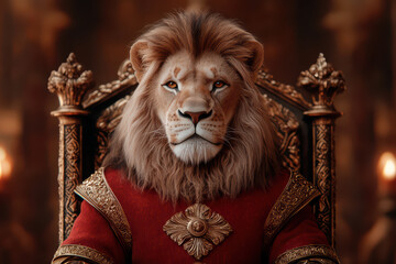 Obraz premium Majestic lion in regal armor, seated on throne, exuding power and nobility