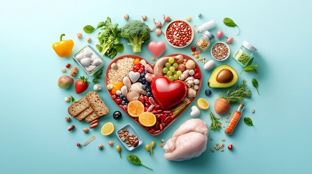Cartoon style heart icon surrounded by colorful infographic elements depicting various heart healthy foods and nutritional information  Bright - Powered by Adobe